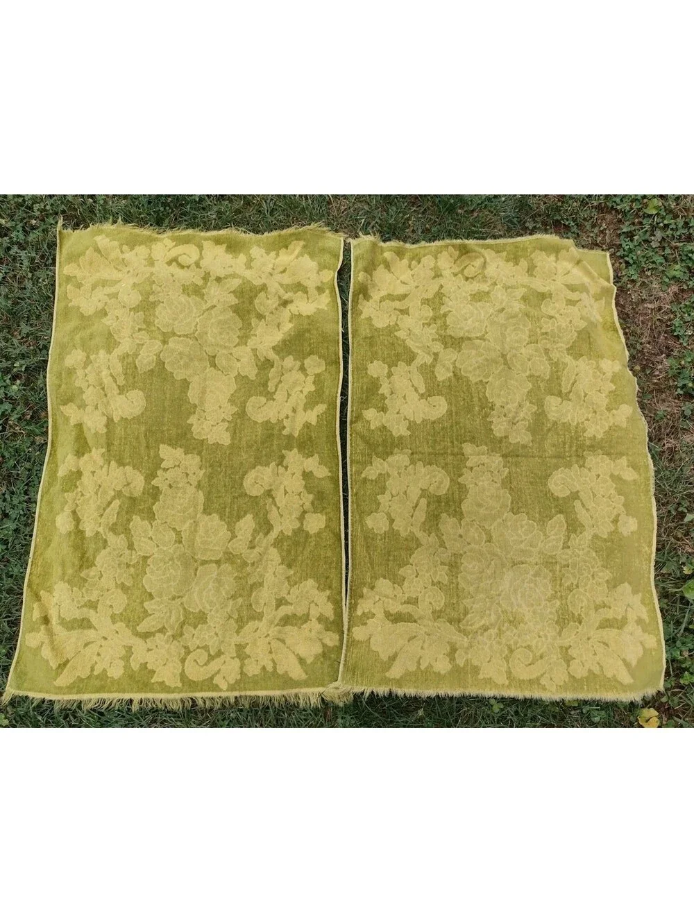 Vintage 60s Cannon Monticello Bath Towels Set 2 Yellow Green Velour Floral USA